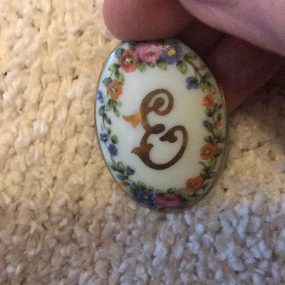 LAST DAY Vintage Portugal Floral Initial 'E' Porcelain Pin - White and Multicolo